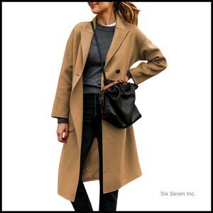 Women's Double-Breasted Pea Coat Winter Jacket Loose Fit Polyester